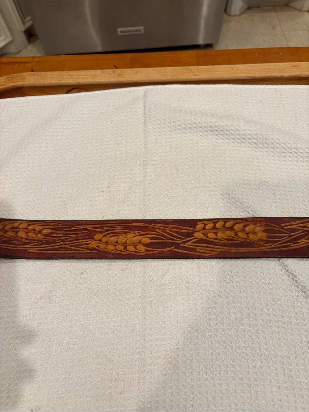 Hand-Tooled Brown Leather Belt with Wheat Motif- Don-w/ Solid Brass Belt Buckle